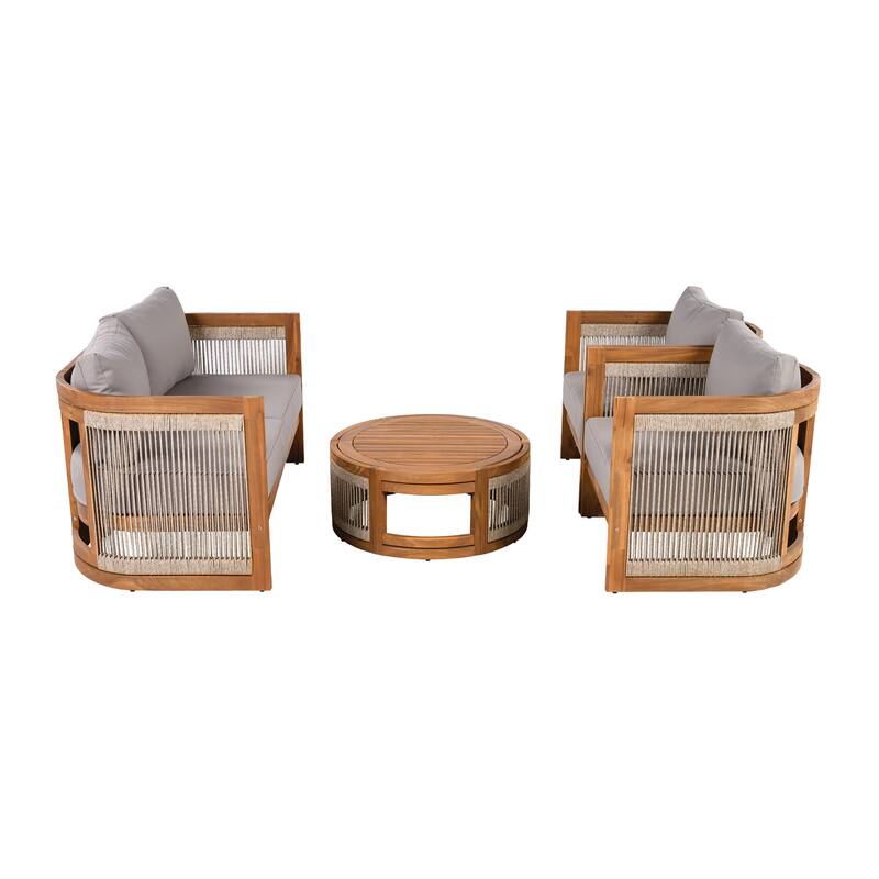 4-Piece Patio Conversation Set, All Weather Sectional Sofa Set w/ 2 Chairs, Loveseat & Table, Acacia Wood Outdoor Furniture Set