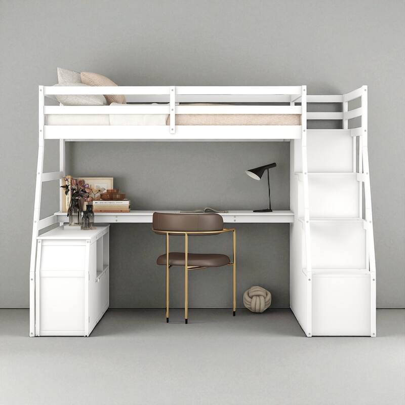 Twin/Full Loft Bed with 7 Drawers, 2 Shelves, and Built-in Desk for Bedroom Organization - White - Twin