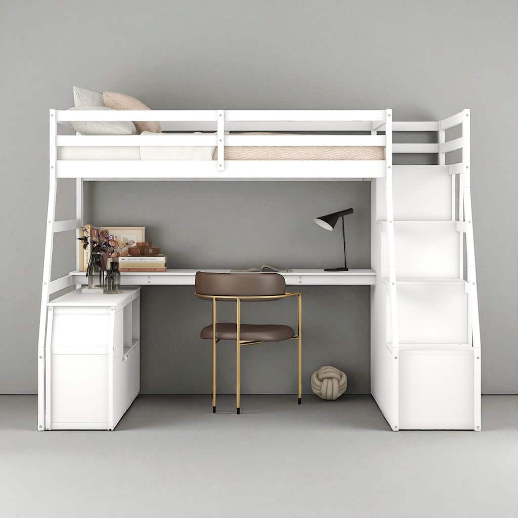Twin/Full Loft Bed with 7 Drawers, 2 Shelves, and Built-in Desk for Bedroom Organization