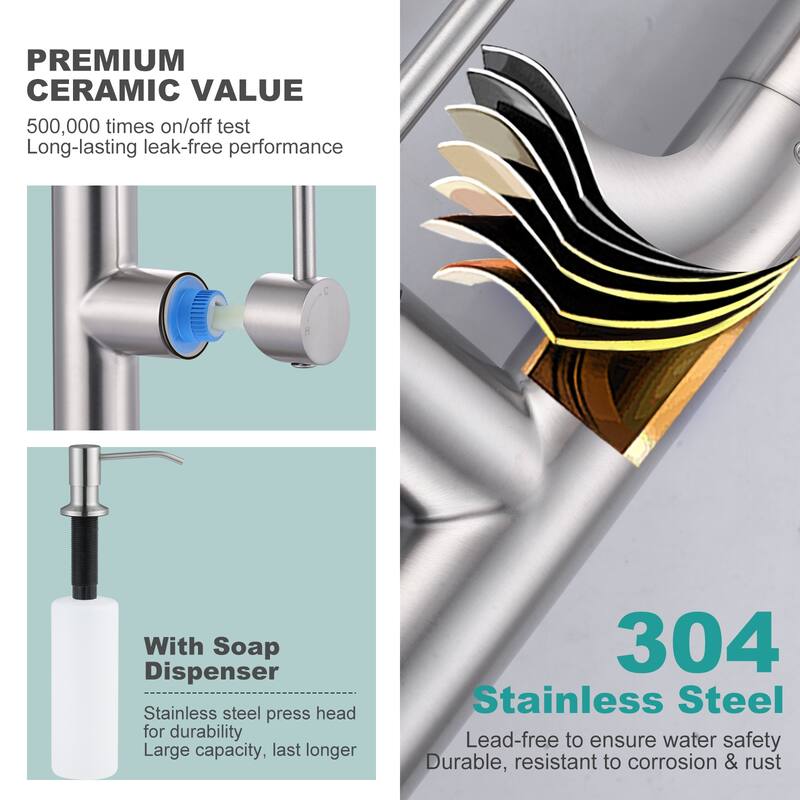 WOWOW Single Handle Pull Down Kitchen Faucet with Soap Dispenser