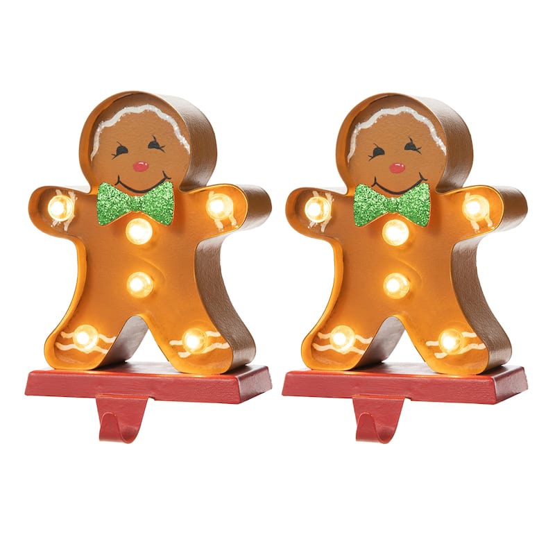 Glitzhome Christmas Marquee LED Gingerbread Man House Stocking Holders Mantel Ornament - 2PC Gingerbread Man