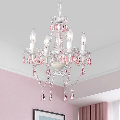 Small White Chandelier with Pink Crystal Girls Chandeliers for Bedroom