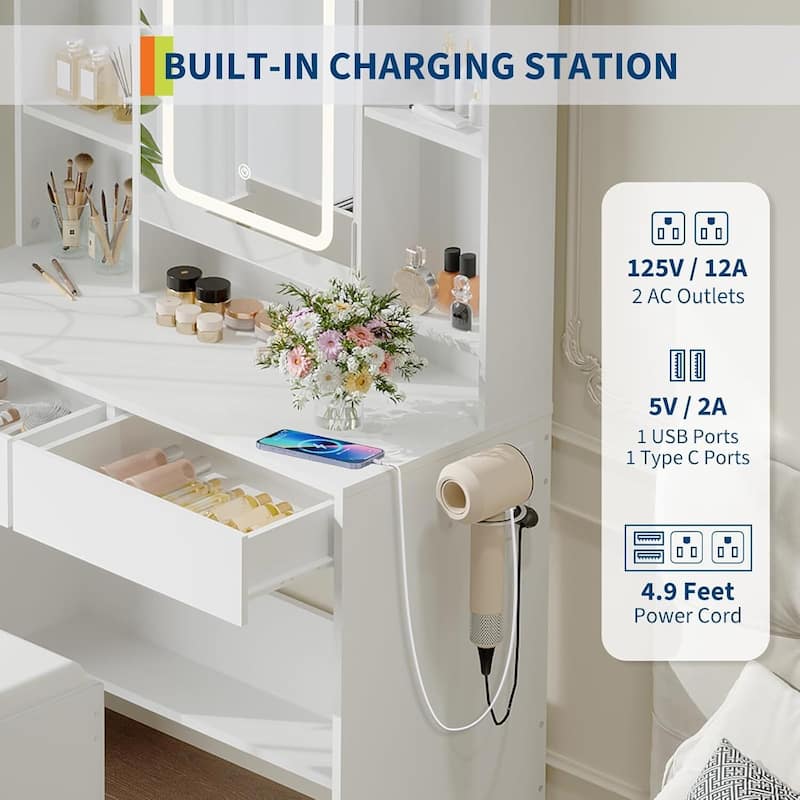 Vanity Desk with Mirror and Lights, USB Outlets for Bedroom