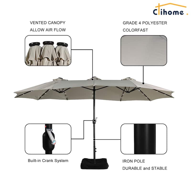 Clihome 15FT Double-Sided Solar Light Market Crank Umbrella with Base