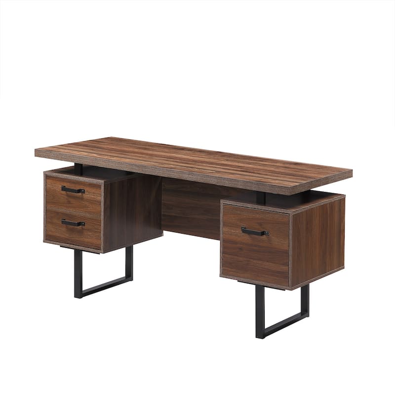 Roomfitters Home Office Desk with Drawers, 59" Writing Table with Hanging File Storage, Study Workstation, Walnut