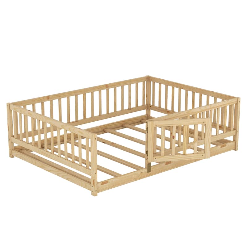 Montessori Floor Bed with Fence Guardrail and Removable Door Toddler Floor Wood Bed Frame for Kids Boys Girls Children's Room