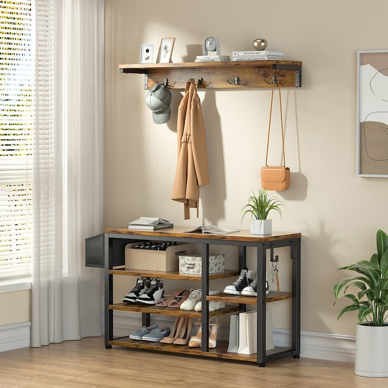 Industrial Hall Tree, 4-in-1 Entryway Coat Rack and Shoe Bench Rack Set with 5 Shoe Storage Cabinets