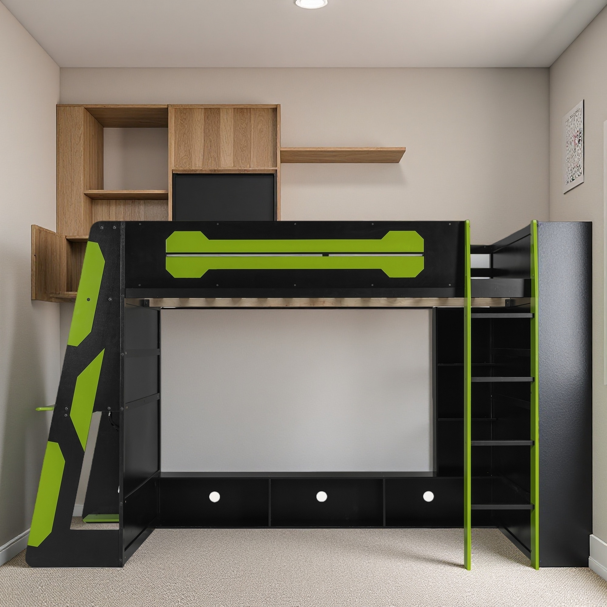 Full Size Wood Loft Bed with Desk, Multi-Storage Shelves, RGB Light & Esports Gaming Setup