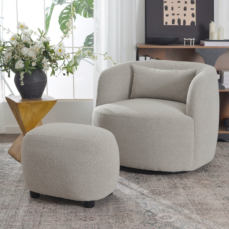 KINWELL 2-Piece Sherpa Living Room Set 1 Accent Chair 1 Boucle Ottoman