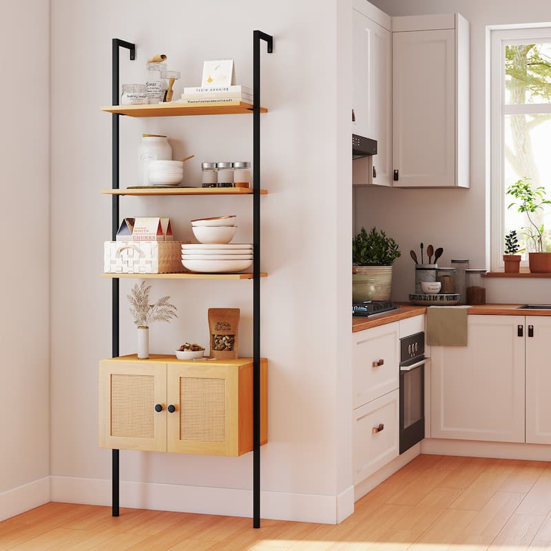 Natural Engineered Wood Ladder Bookshelf with Metal Frame and Rattan Doors - 23.5" x 12.5" x 72.5"