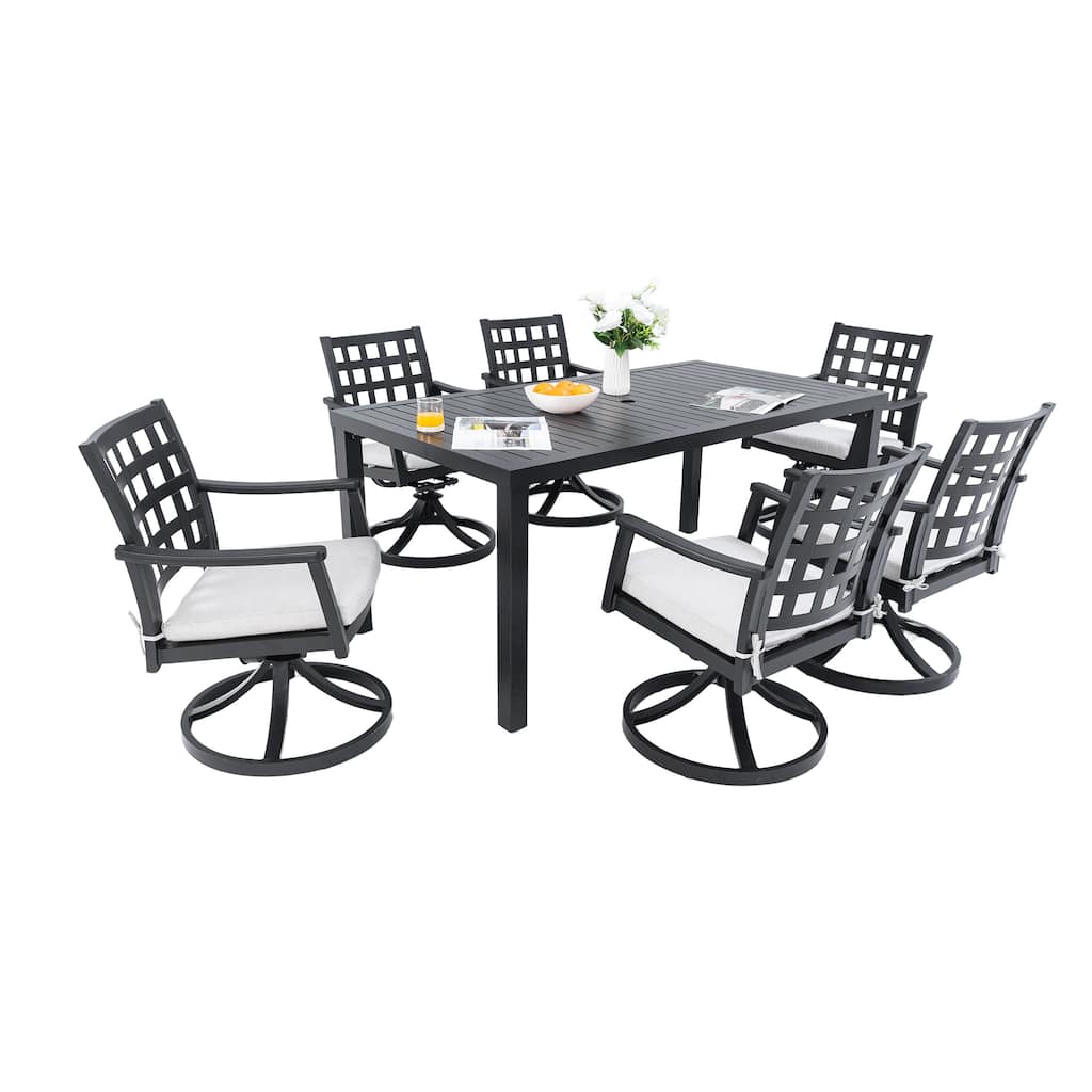 7-Piece Cast Aluminum Patio Dining Set with Rectangular Table and 6 Swivel Rockers - Ember Black, Sunbrella Cushions