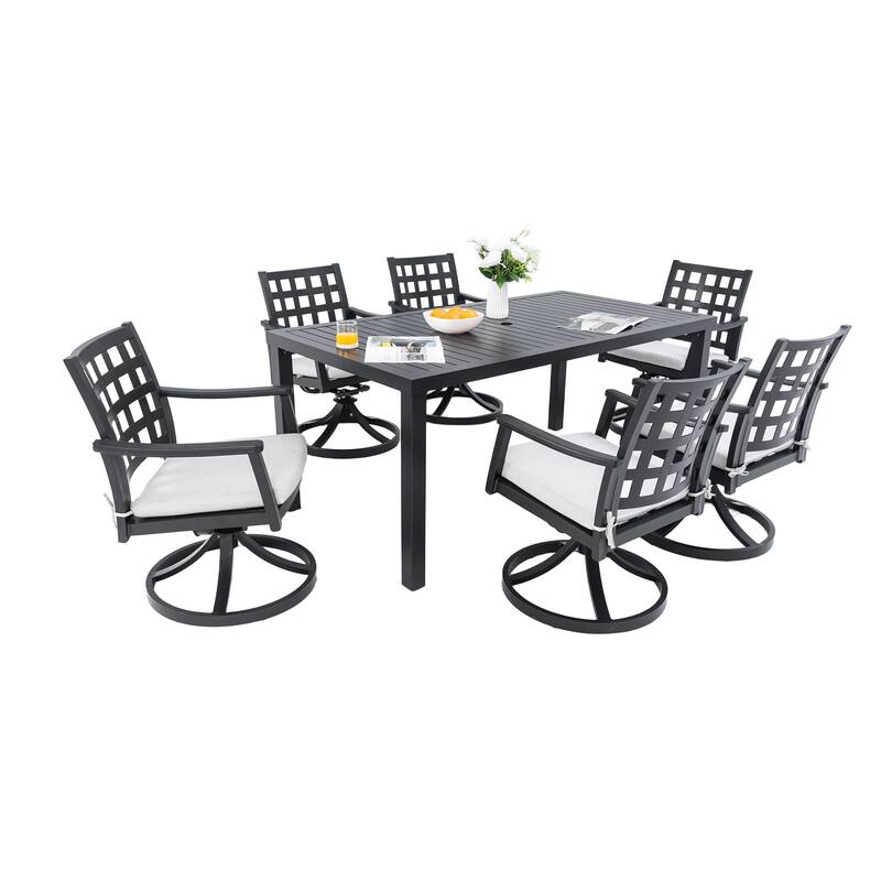 7 Pieces Patio Dining Set, All Weather Outdoor 6 Swivel Rocking Chairs and Rectangular Dining Table Set with Umbrella Hole - Ember Black