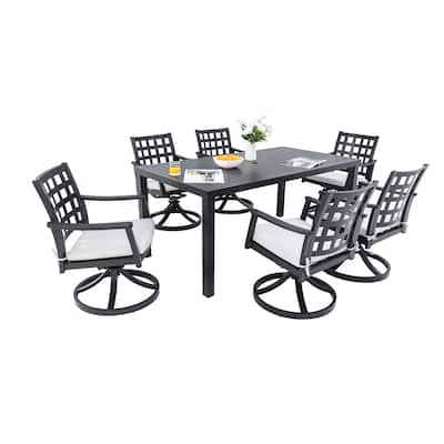 7 Pieces Patio Dining Set, All Weather Outdoor 6 Swivel Rocking Chairs and Rectangular Dining Table Set with Umbrella Hole
