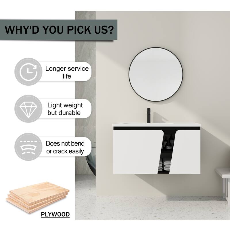 Wall-Mounted Bathroom Vanity with Ceramic Sink, Soft-Close Doors, Eco-Friendly Plywood Cabinet, and Ample Storage