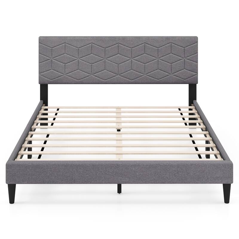 Grey Upholstered Bed Frame with Linen Headboard and Low-Profile Design Box-Spring-Free Setup