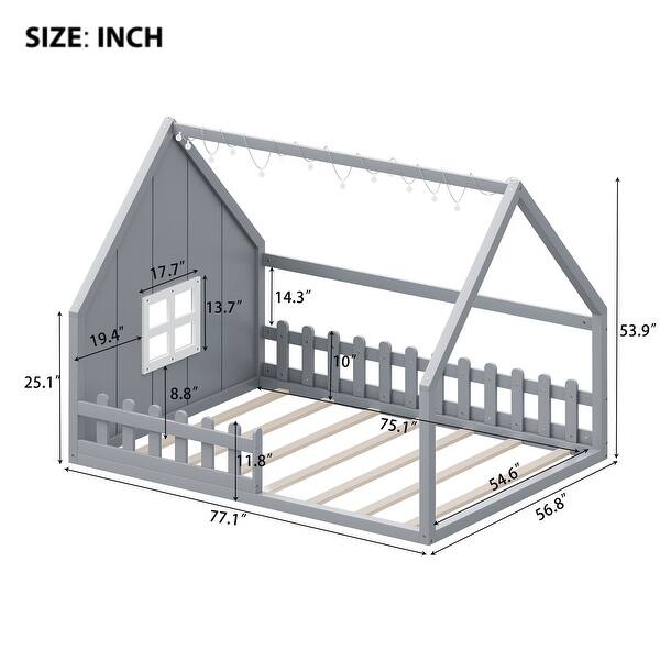 dimension image slide 2 of 3, Full Size Wood House Bed with LED, Window and Fence