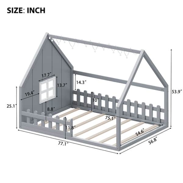 dimension image slide 1 of 3, Wood Full Size House Floor Bed with Window,Fence and LED Lights
