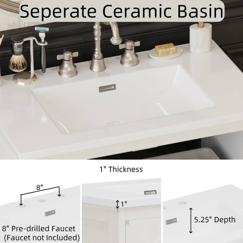 31" Vintage Bathroom Vanity with Ceramic Sink, with Bronze Pulls and Tempered Glass