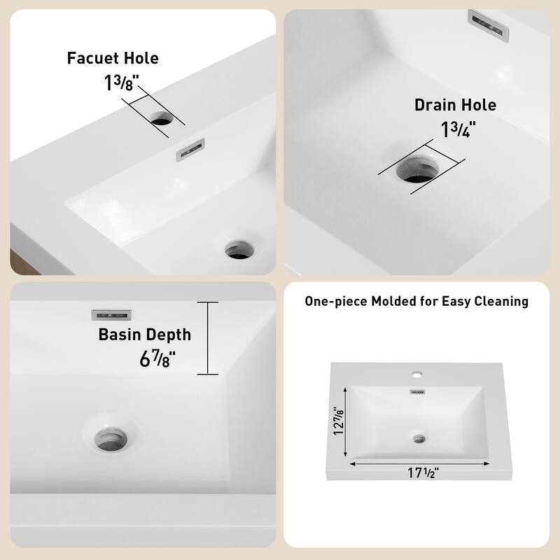 35.5" Glossy White Bathroom Vanity with U-Shape Drain Design, Soft-Close Drawers, and Stone Resin Countertop