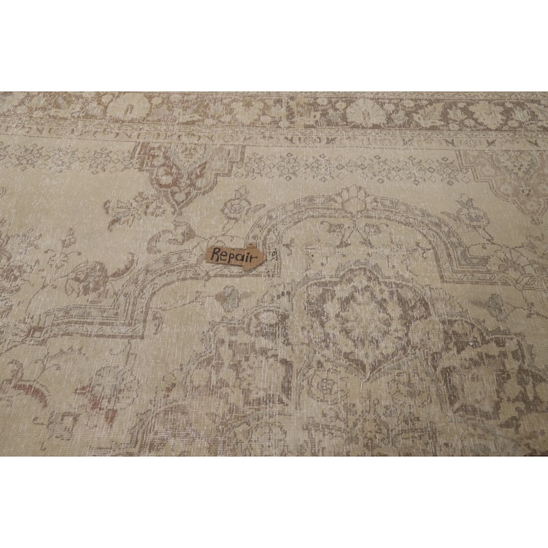 Tabriz Persian Vintage Rug Hand-Knotted Traditional Beige Wool Carpet - 9'9"x 12'6"