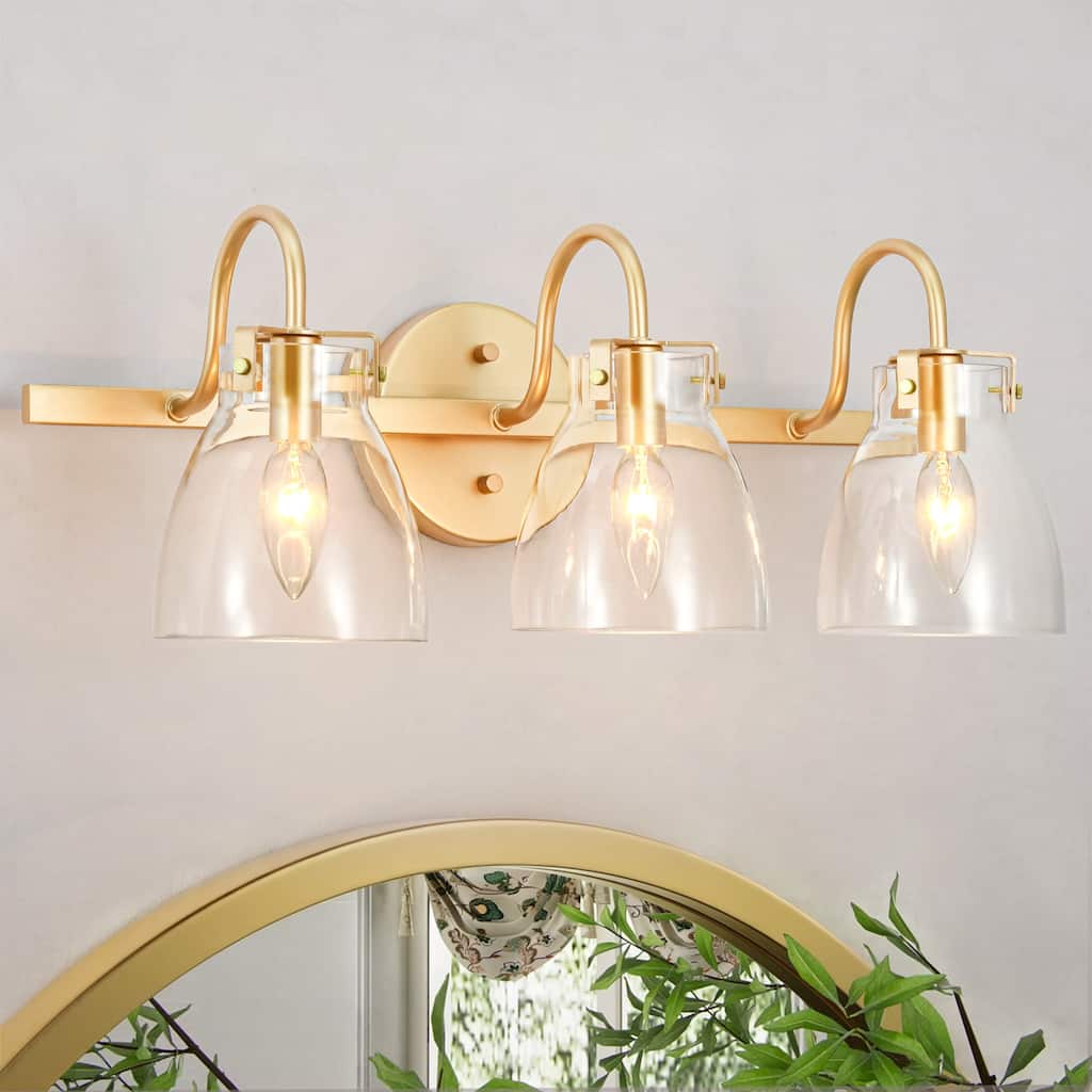 Rennnsan 3-Light Brushed Brass with Clear Glass Modern Bathroom Vanity Light Wall Sconces for Mirror