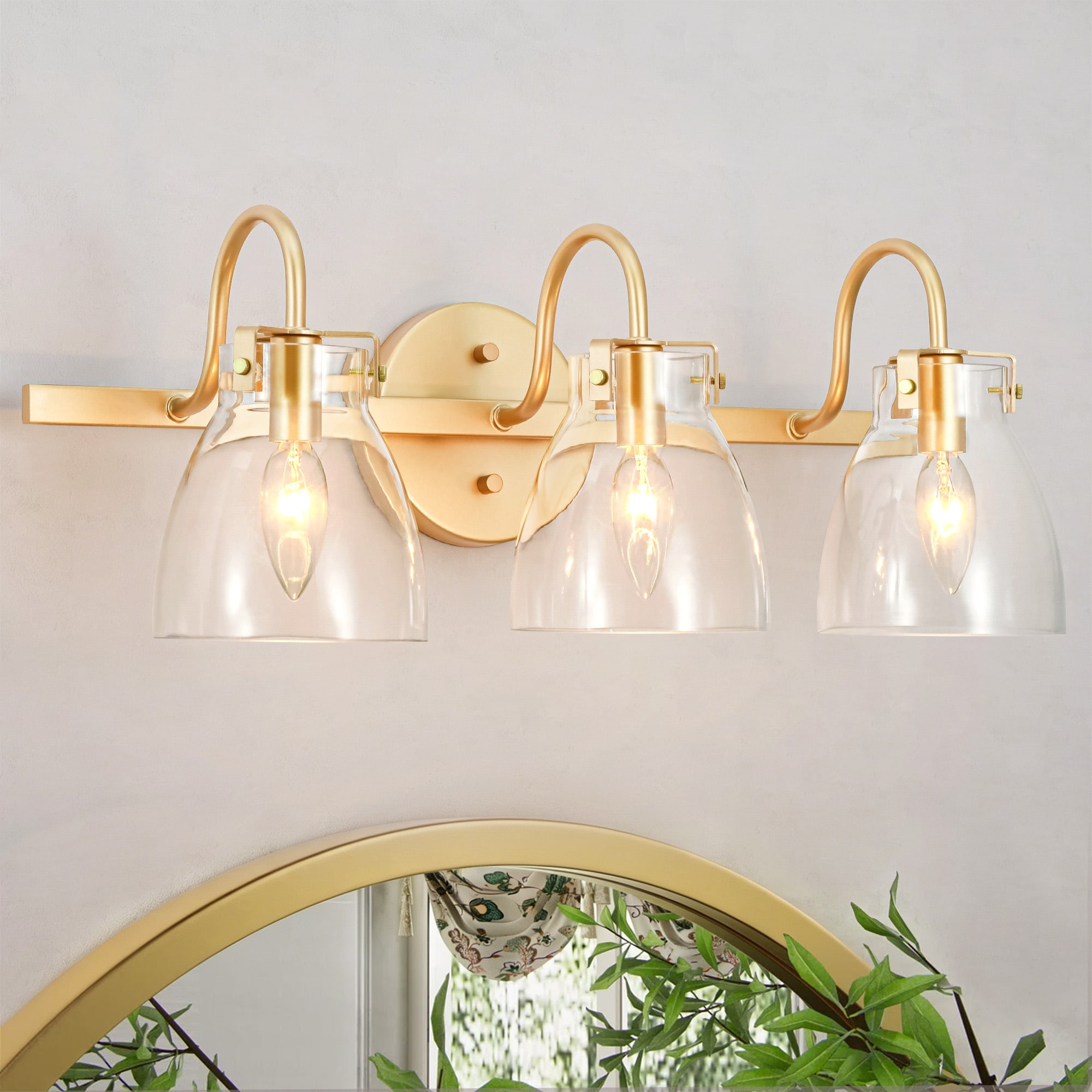 Rennnsan 3-Light Brushed Brass with Clear Glass Modern Bathroom Vanity Light Wall Sconces for Mirror