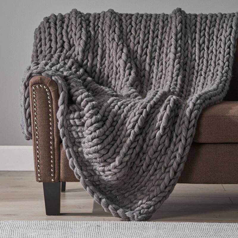 Cozy Knitted Acrylic Throw Blanket -  DARK GREY - Queen