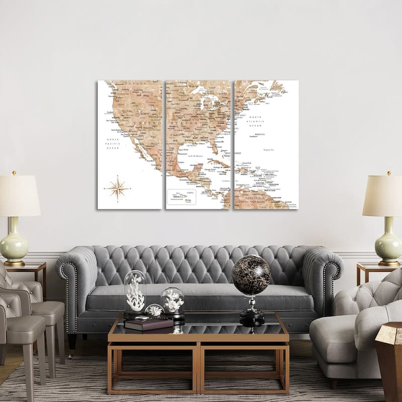 iCanvas "Map Of The Usa And The Caribbean Area In Brown Watercolor" by blursbyai 3-Piece Canvas Wall Art Set - 40x60x1.5