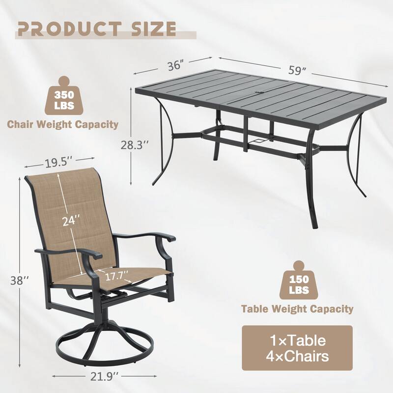Erommy Outdoor Patio Dining Set with Swivel Rocker Chairs, Metal Table with Umbrella Hole, Patio furniture for Backyard