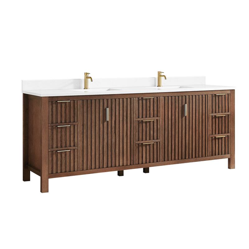 Shenzhen Bath Vanity with Composite Stone Top without Mirror - 84" - Aged Dark Brown Oak