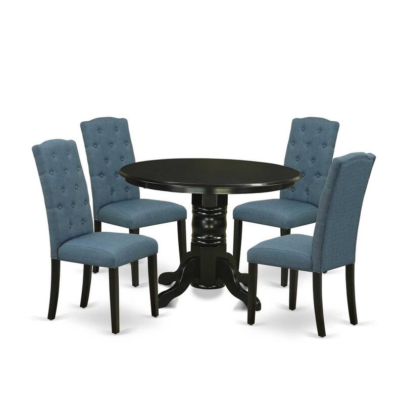 HomeStock 5-Piece Round Black Finish Solid Wood Top Dining Table with 4-Parson Chair with Lattice Back