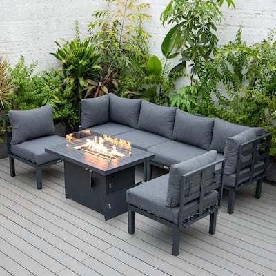 Chelsea 7-Piece Outdoor Patio Sectional Set with Firepit Table in Black Aluminum for Backyard Garden and Patio Deck