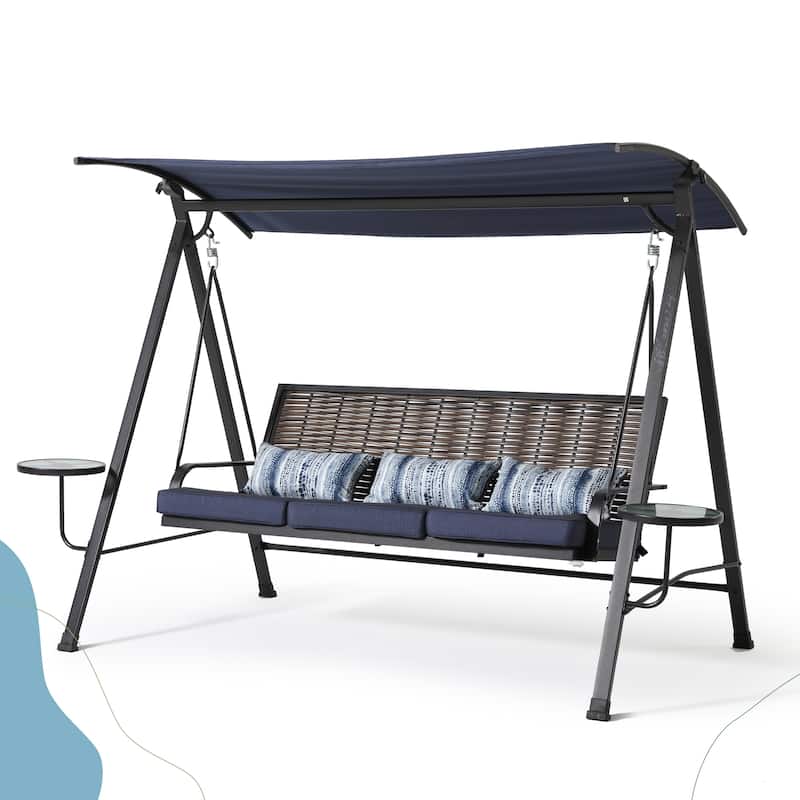 Steel 3-Seater Porch Swing with Canopy - Outdoor Patio Swing with Cushions and Rotatable Shade