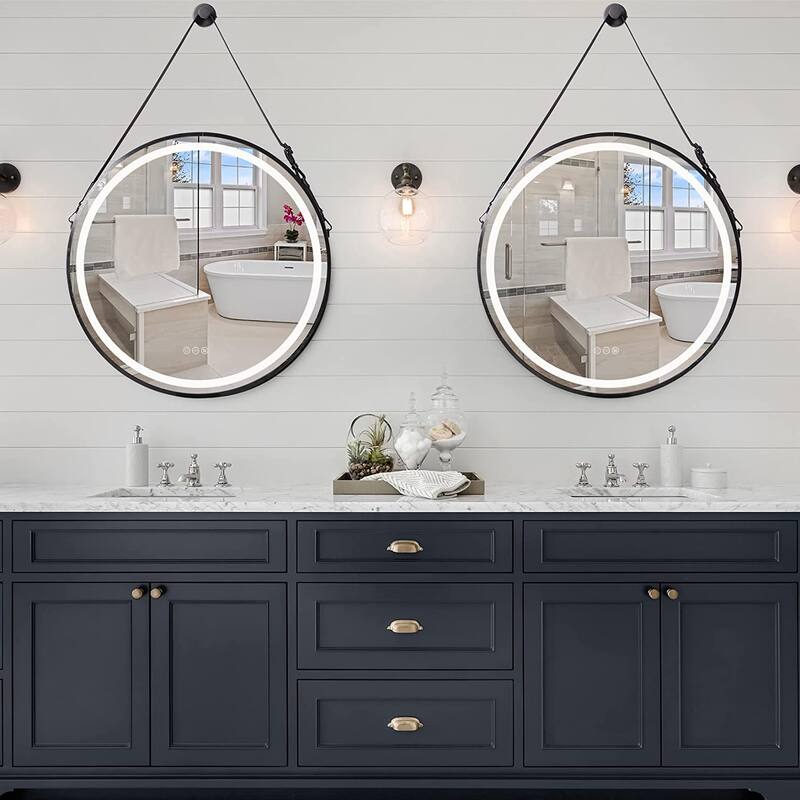 Black Metal Frame Round Mirror with LED Lights Bathroom