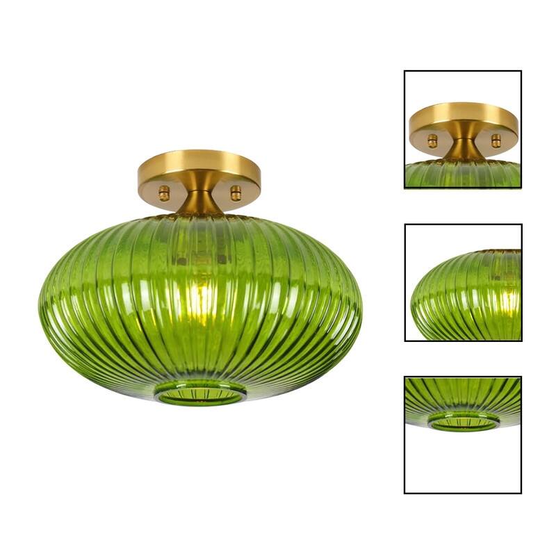 11.8 Inch green lighting glass, metal light bulb striped green ceiling light - N/A