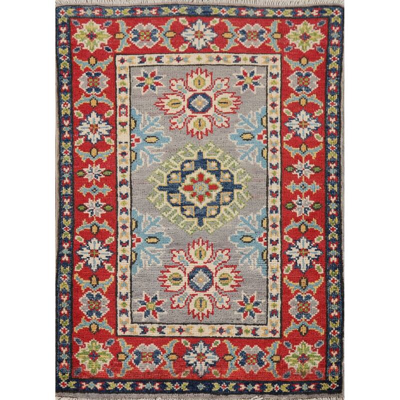 Hand Knotted Oriental 100% Wool Carpet Traditional Geometric Greys & Charcoal Kazak Area Rug - 2' 9'' X 2' 1''
