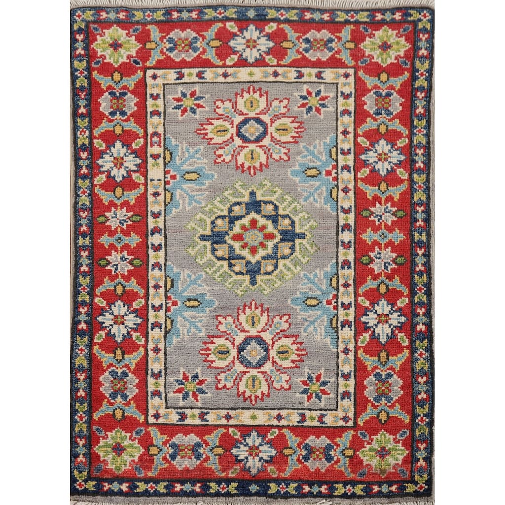 Hand Knotted Oriental 100% Wool Carpet Traditional Geometric Greys & Charcoal Kazak Area Rug - 2' 9'' X 2' 1''