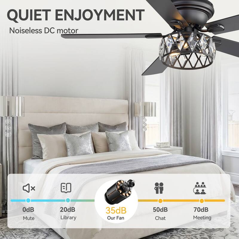 52 inch 5-Blade Flush Mount Crystal Ceiling Fan with Light Remote