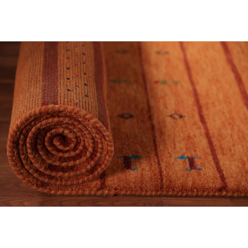 Striped Orange Gabbeh Oriental Runner Rug Hand-Knotted Wool Carpet - 2'7" x 13'0"