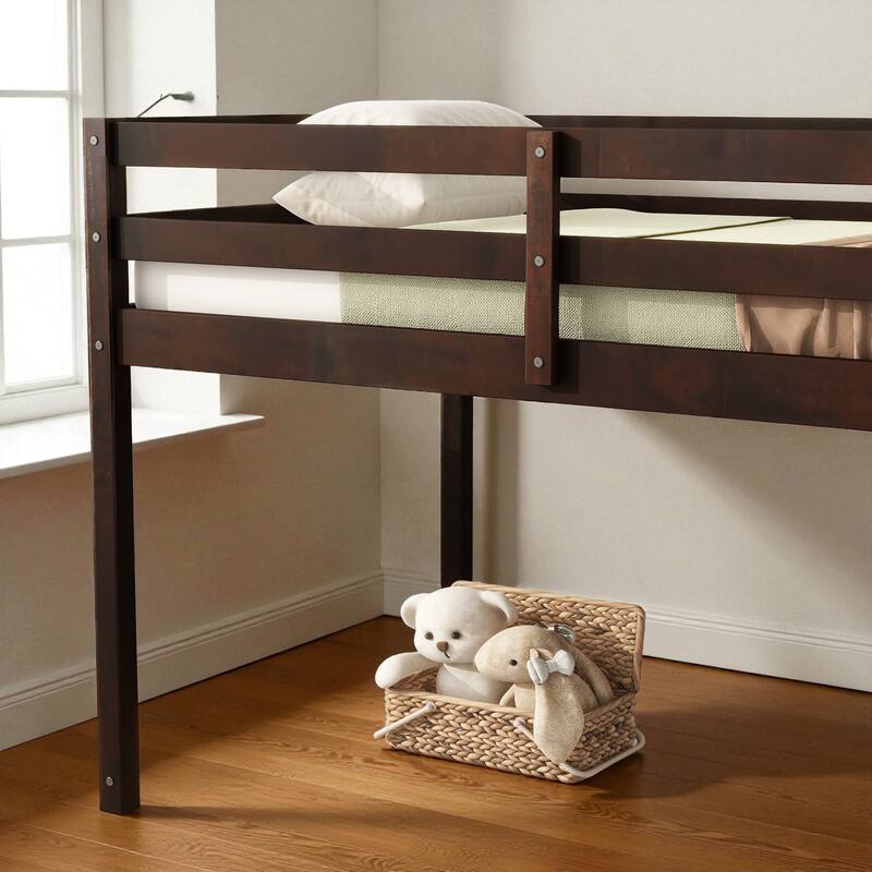 Solid Wood Twin Loft Bed with Ladder, Rubber Wood Frame Low Height Design with Guard Rails and Storage Space