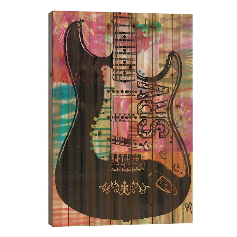 SRV Guitar Print On Wood by Dean Russo - Multi-Color - 26x18x1.5