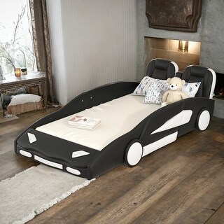 Twin Size Race Car-Shaped Platform Bed with Wheels - Black