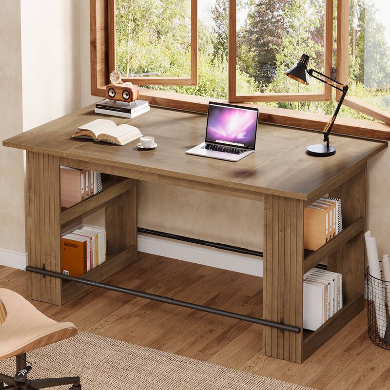 63 Inch Bar Table with Storage Shelves, Counter Height Pub Dining Table with Footrest - 62.99" L x 31.5" W x 35.43" H