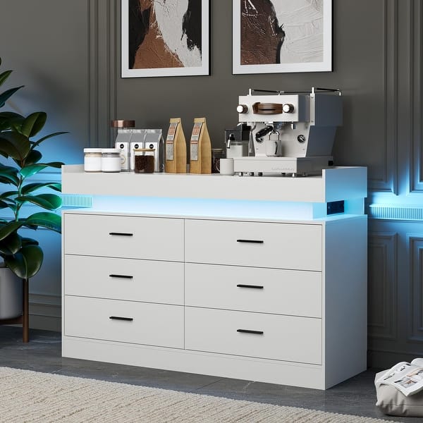 Modern TV Stand Dresser with LED Lights & Charging Station, Floating Top Sideboard Cabinet with 6 Drawers - White Modern TV Stand Dresser with LED Lights & Charging Station, Floating Top Sideboard Cabinet with 6 Drawers - White
