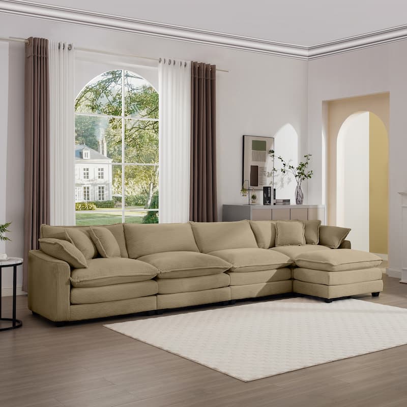 L Shape Modular Sectional Sofa Set with Ottoman, 4 Seater Corduroy Upholstered Couch with Removable Armrests for Livingroom