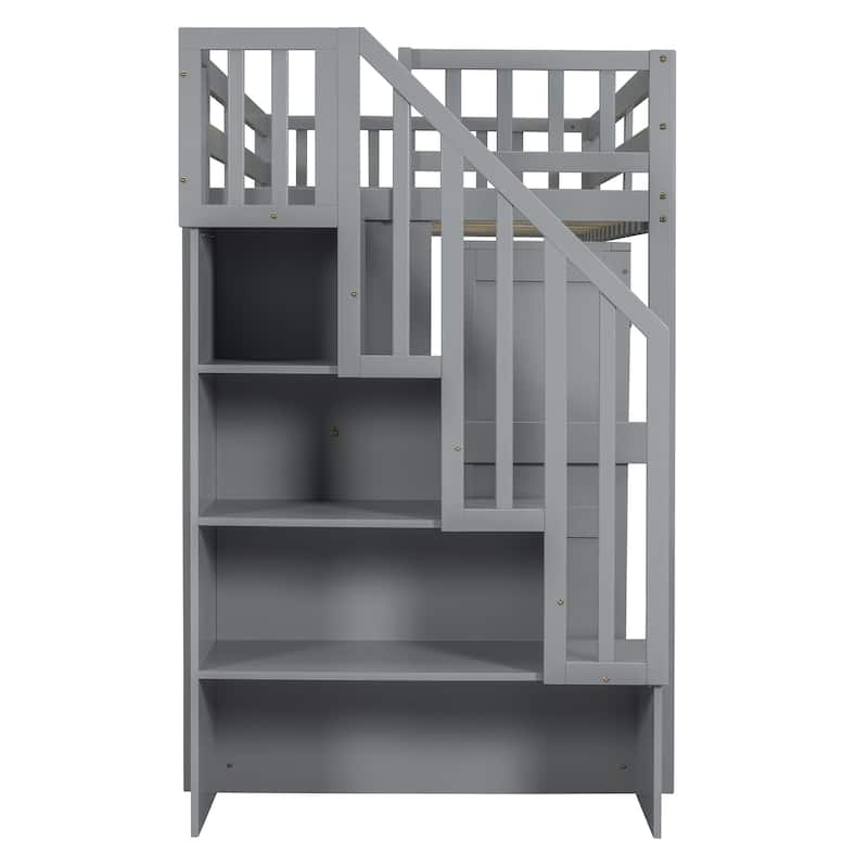 Twin/Full Size Wooden Loft Bed with Stairway and Bookshelf, Solid Pinewood Storage Playhouse Bed Frame with Desk and Wardrobe
