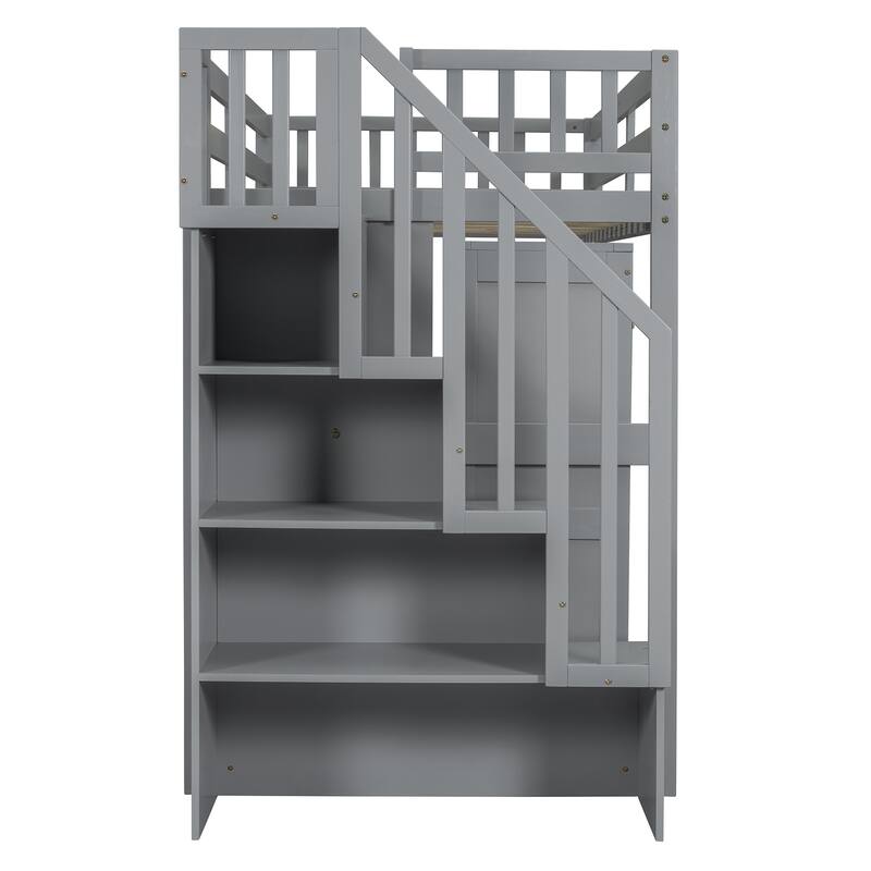 Twin Loft Bed with Staircase & Study Station and 5-in-1 Storage, 300lb Capacity