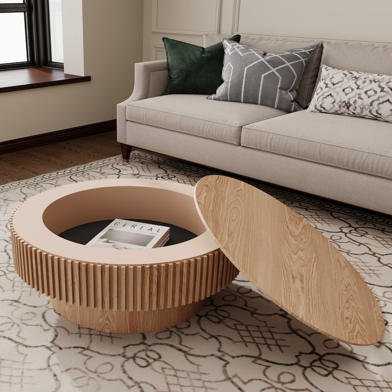 Modern Solid Wood Veneered Round/Oval/Rectangular Coffee Tea Table with Storage. - Natural Wood-31.5"