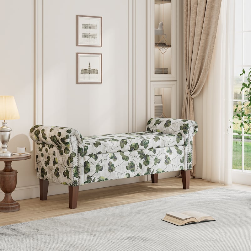 Wallen Traditional Rolled Arm Storage Bench Ottoman with Nailheads