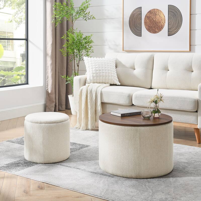 2-Piece Set Round Chenille Storage Ottoman, Equipped with a Drum Shaped Small Stool, Storage Space, and MDF Made Desktop Panel - Beige